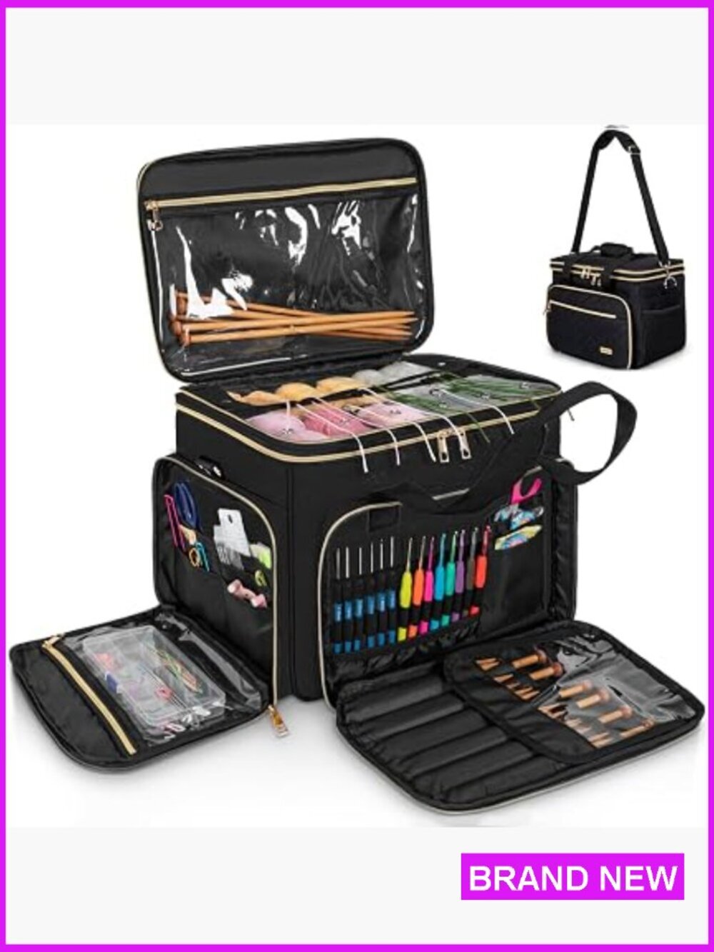 Large Knitting Project Bag with PVC Cover Durable Yarn Storage Organizer Case